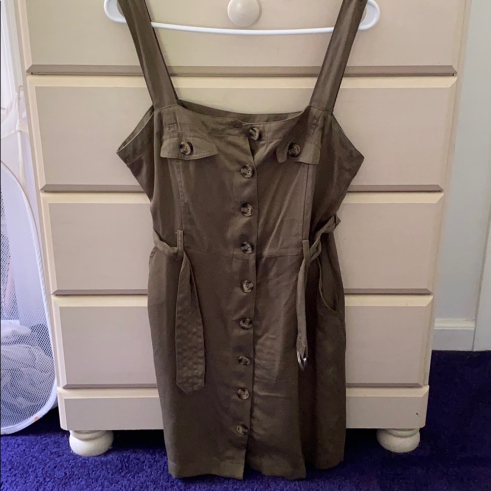 Dark Green Belted Button Down Dress